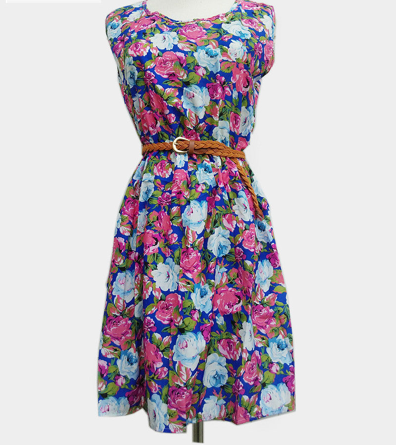 Online discount shop Australia - 20 Colors Fashion Women New Sleeveless Round Neck Florals Waistband Print Dress