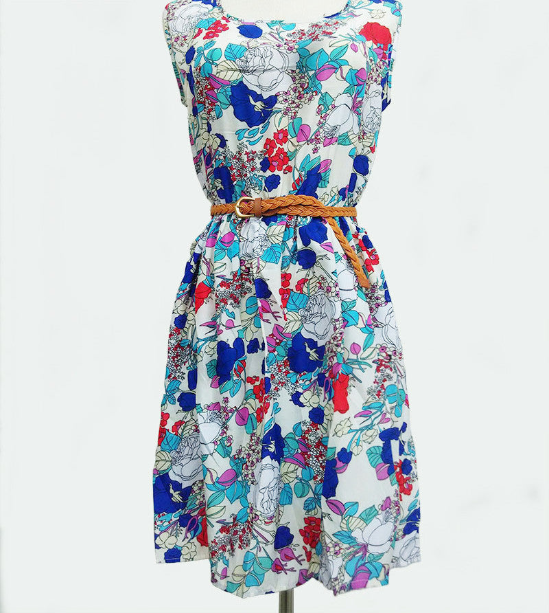 Online discount shop Australia - 20 Colors Fashion Women New Sleeveless Round Neck Florals Waistband Print Dress