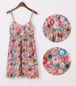 Online discount shop Australia - Bottom Cotton Dress O-Neck Sleeveless Print Mini Vestidos Women Beach Bohemian Spaghetti Strap Mori Girl Dresses