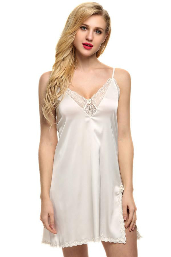 Women Suspender Nightdress Deep V Lace Satin Sleepwear Nightgown and Lingerie