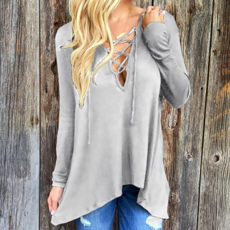 T Shirt Women Fashion Long Sleeve V Neck Bandage Shirts Casual Hoodie Women T Shirt