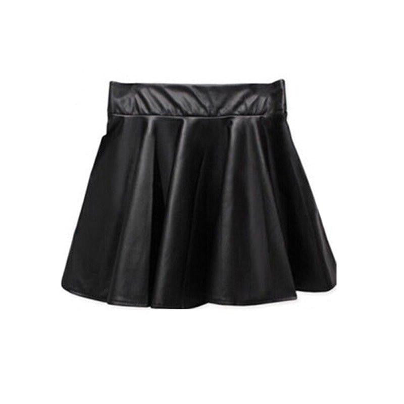 Women Ladies Faux Leather High Waist Skater Flared Pleated Short Mini Skirt