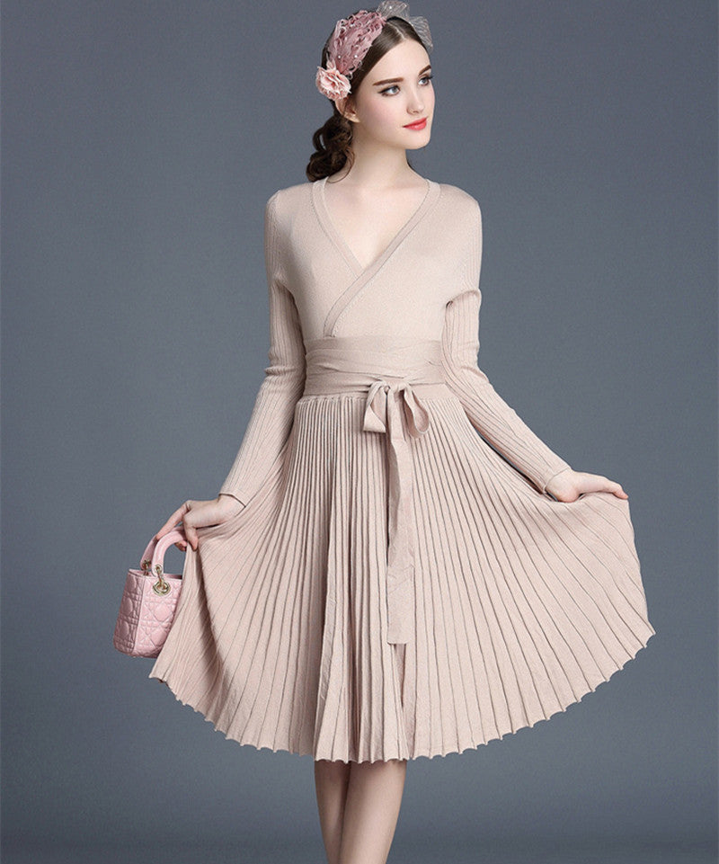 Online discount shop Australia - Autumn Women's Fashion Sweaters Dresses A-line Deep V Neck Belted Pleated Vintage Dress Long Sleeve Knitting Dress