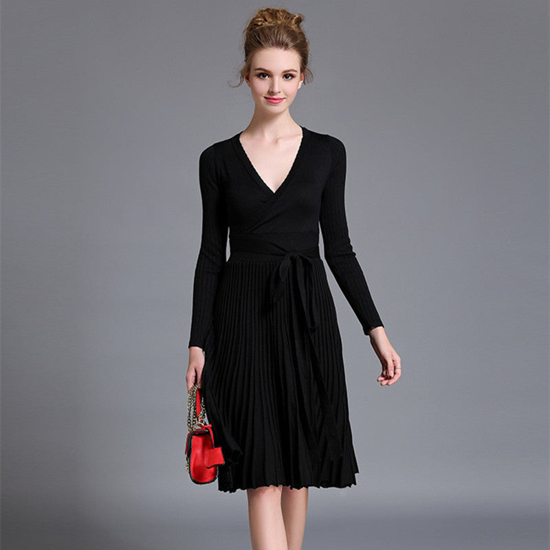 Online discount shop Australia - Autumn Women's Fashion Sweaters Dresses A-line Deep V Neck Belted Pleated Vintage Dress Long Sleeve Knitting Dress