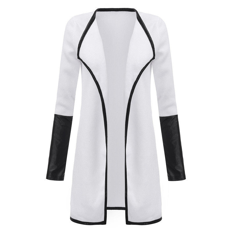 Online discount shop Australia - Fashion Women Leather Long Sleeve Patchwork Cardigan Outerwear Slim Lapel Poncho Jacket Coat Black White Tops