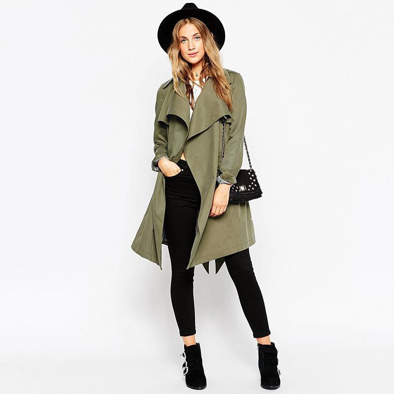 womens Fashion Slim Belt Army Green Trench Outwears Long sleeve Cardigans Coats for Women Coat