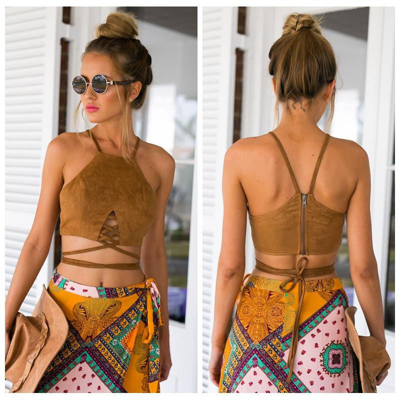 Women Faux Suede Halter Cross Hollow Boho Bohemian Bandage Camis Women's Bustier Bralet Cropped Top Vest