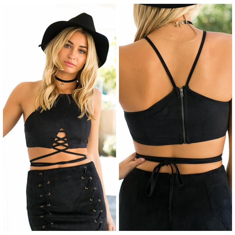 Women Faux Suede Halter Cross Hollow Boho Bohemian Bandage Camis Women's Bustier Bralet Cropped Top Vest