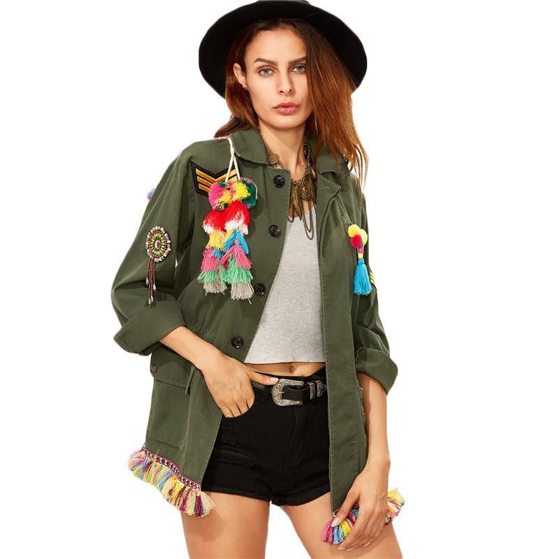 Vintage Jackets Women Olive Green Lapel Long Sleeve Single Breasted Tribal Back Tassel Embellished Utility Jacket