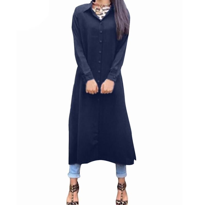 Women Chiffon Long Solid Shirts Dress Long Sleeve Casual Loose Maxi Boho Tops Lapel Blouse Plus Size