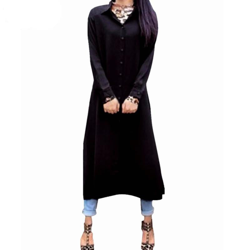 Women Chiffon Long Solid Shirts Dress Long Sleeve Casual Loose Maxi Boho Tops Lapel Blouse Plus Size