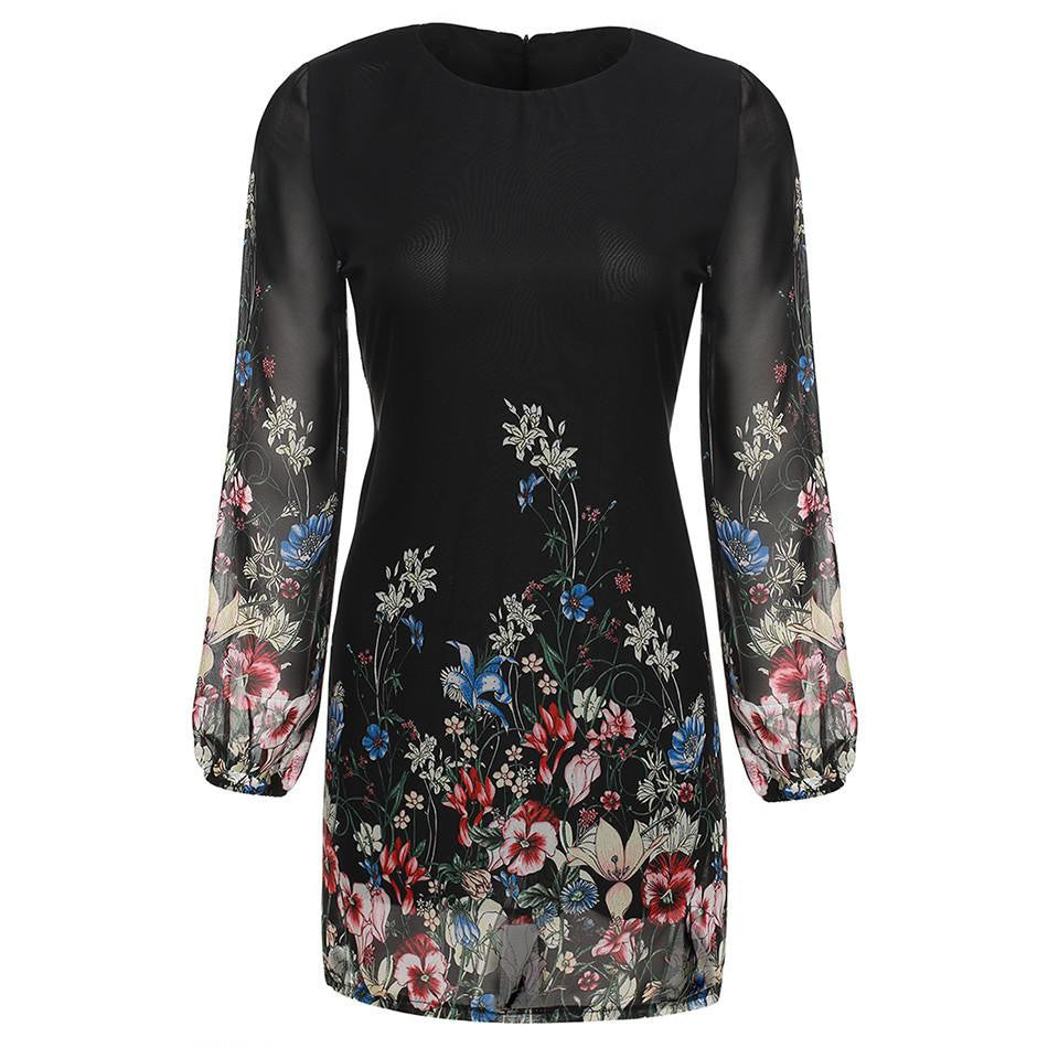 Women Summer Style est Shift Dresses Beautiful Black Long Sleeve Floral Print Round Neck Chiffon Short Mini Dress S-XL