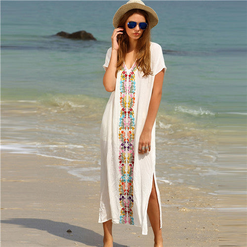 Online discount shop Australia - Beach Long Dresses For Women White Embroidery V Neck Short Sleeve Placement Print Split Side Maxi Dress