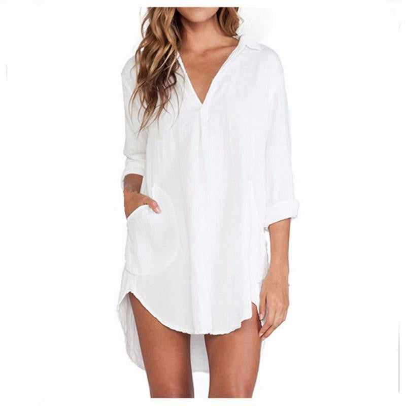 Women Elegant Long Tops V Neck Pocket Pure Long Sleeve Casual Loose Mini Dress Vestidos Shirts Plus Size