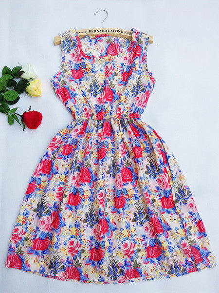 Online discount shop Australia - 20 Colors Brand Blue stars Fashion Women Sleeveless Florals Print Round Neck Dress Saias Femininas Summer Clothing S-XXL