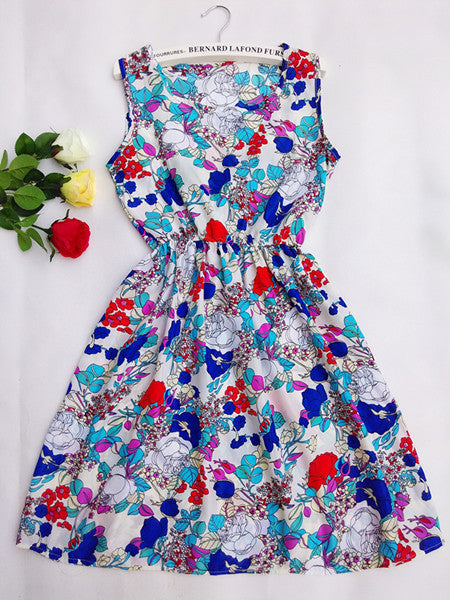 Online discount shop Australia - 20 Colors Brand Blue stars Fashion Women Sleeveless Florals Print Round Neck Dress Saias Femininas Summer Clothing S-XXL