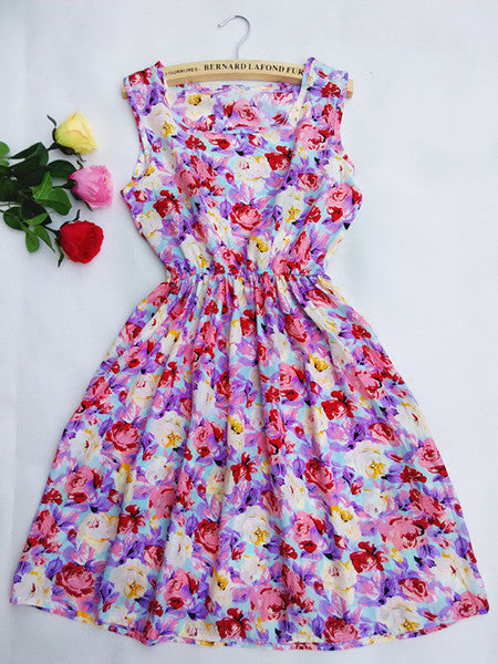 Online discount shop Australia - 20 Colors Brand Blue stars Fashion Women Sleeveless Florals Print Round Neck Dress Saias Femininas Summer Clothing S-XXL