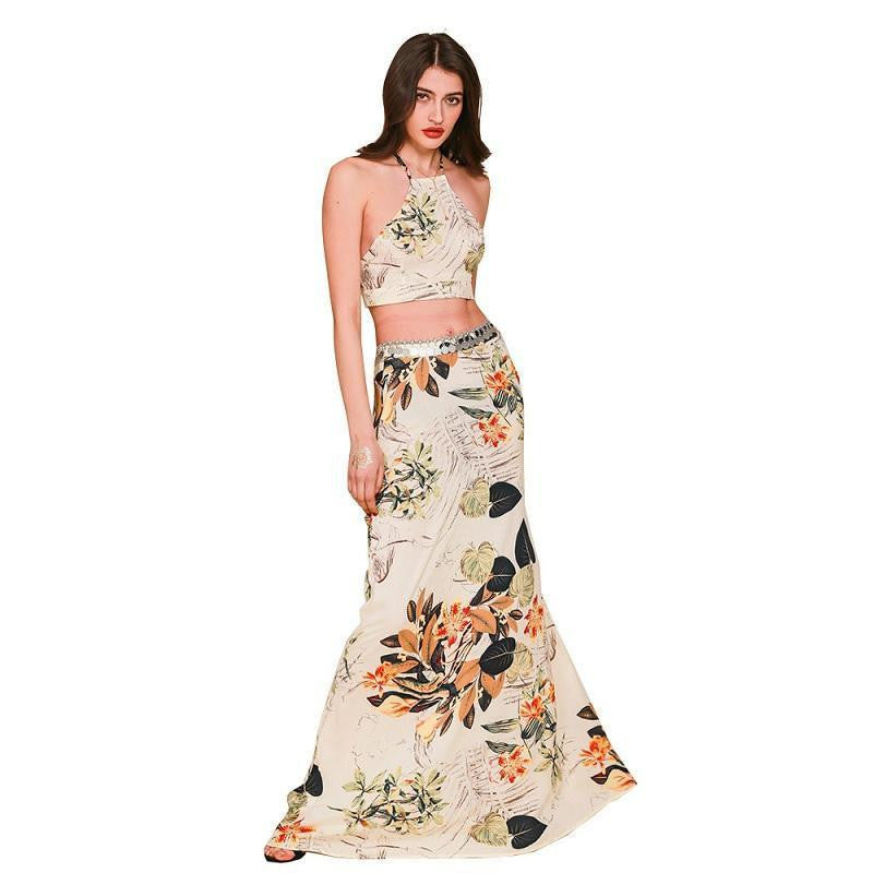 summer boho style Flower print long dress Two pieces backless halter cross women maxi dress