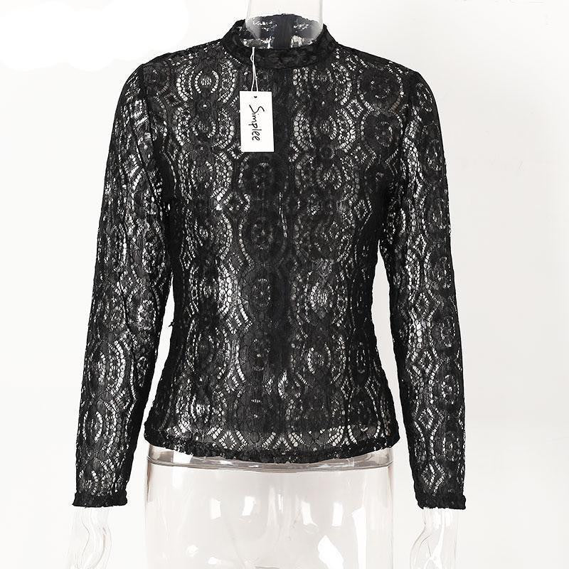 Simplee transparent lace blouse shirt Elegant geometry long sleeve cool blouse women tops hollow