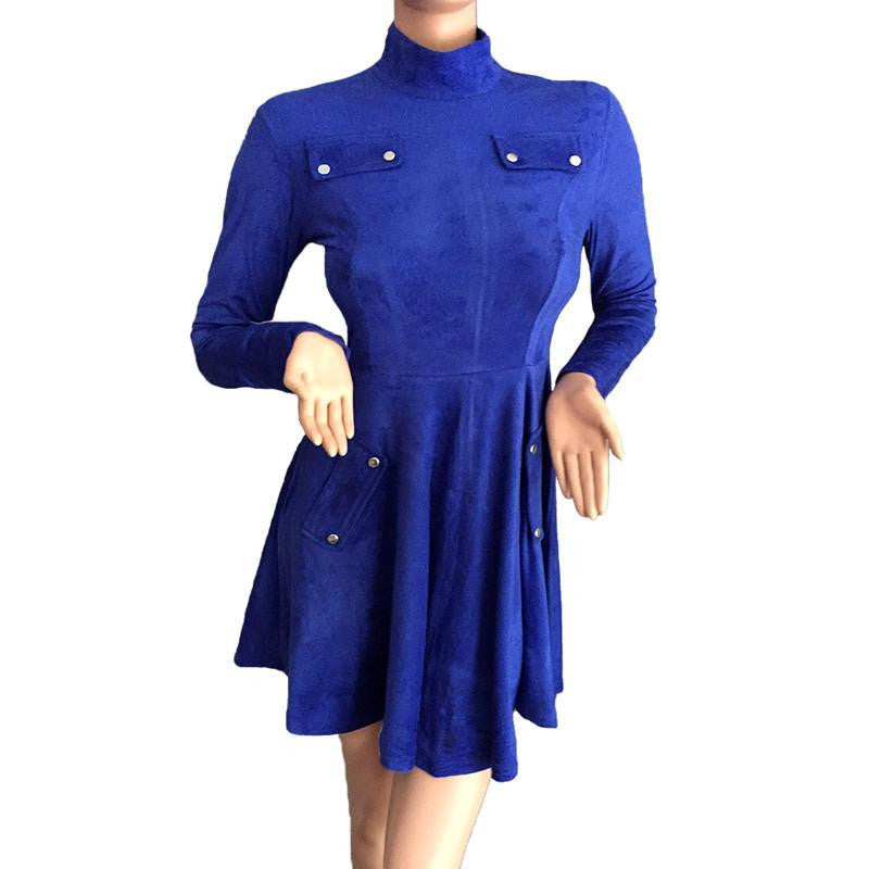 Women Faux Suede Dress Winter Autumn Long Sleeve Turtleneck Pockets Blue Swing Party Dresses