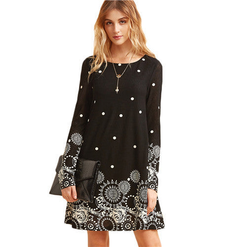 Online discount shop Australia - Casual Dresses for Woman Mini Dress Women Clothes Elegant Dress Vintage Black Retro Circle Print Tunic Dress