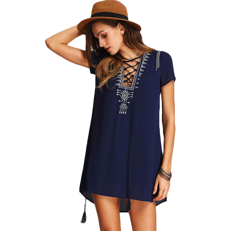 Online discount shop Australia - Ladies Royal Blue Lace Up Print Front Shift Dresses Womens Summer Short Sleeve Vintage Tassel Straight Dress