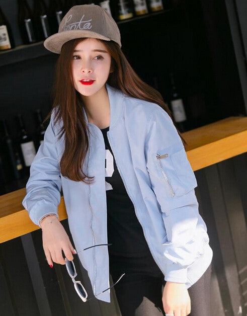 Pink Blue Bomber Jacket Women Loose Coat Stand Collar Pure Baseball Cardigan