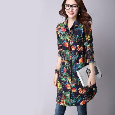 Womens Tops Fashion Vintage Loose Floral Print Long Women Blouses Shirts Long Sleeve Shirt Women