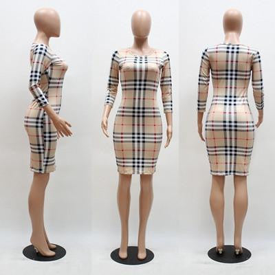 Women Dress Elegant Slim Party Dresses Long Sleeve Plus Size Vintage Plaid Bodycon Dress