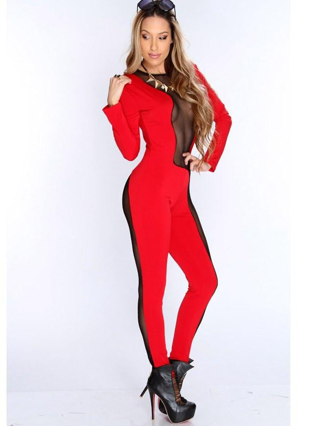 women jumpsuit o-neck long sleeve sexy women wear red blue and leopard fashion jumpsuit