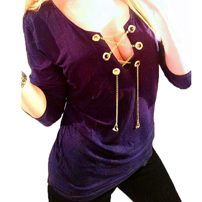 Women Women Deep V Neck Stretch Metal Chain Cotton Tee Tops Long Sleeve Solid Shirts