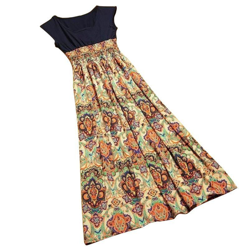 Women Casual Bohemian Dress Vintage Print Patchwork Long Summer Beach Dresses