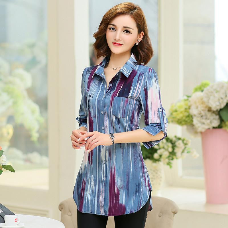 Women Clothes Plus Size Blouses Long Full Casual Shirt Print Lapel Chiffon Shirt Female Tops