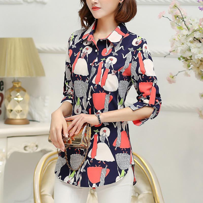 Women Clothes Plus Size Blouses Long Full Casual Shirt Print Lapel Chiffon Shirt Female Tops