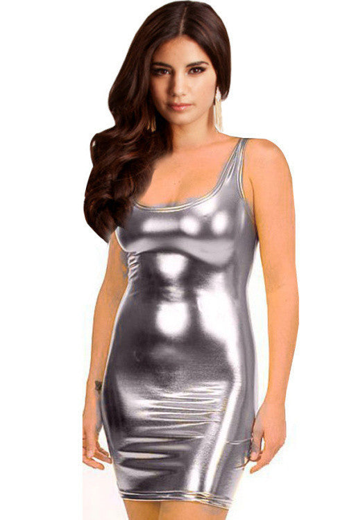 Online discount shop Australia - knitting E9 WomenTank Dress Super Sexy Synthetic Leather Clubwear Gold/Silver/Black Mini Summer Bodycon Dress