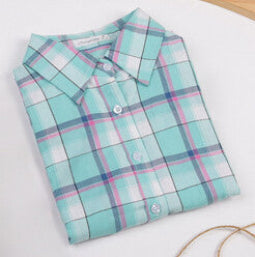 Fashion Women Blouses Long Sleeve Turn-down Collar Plaid Shirts Women Casual Cotton Shirt Style