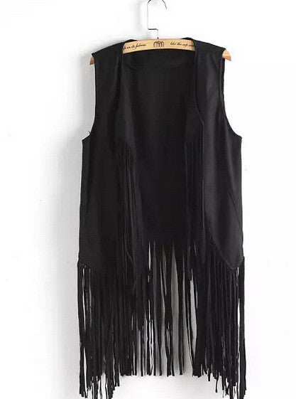 fringed tassels faux suede sleeveless asymmetrical vest jacket