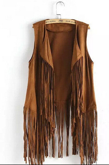 fringed tassels faux suede sleeveless asymmetrical vest jacket