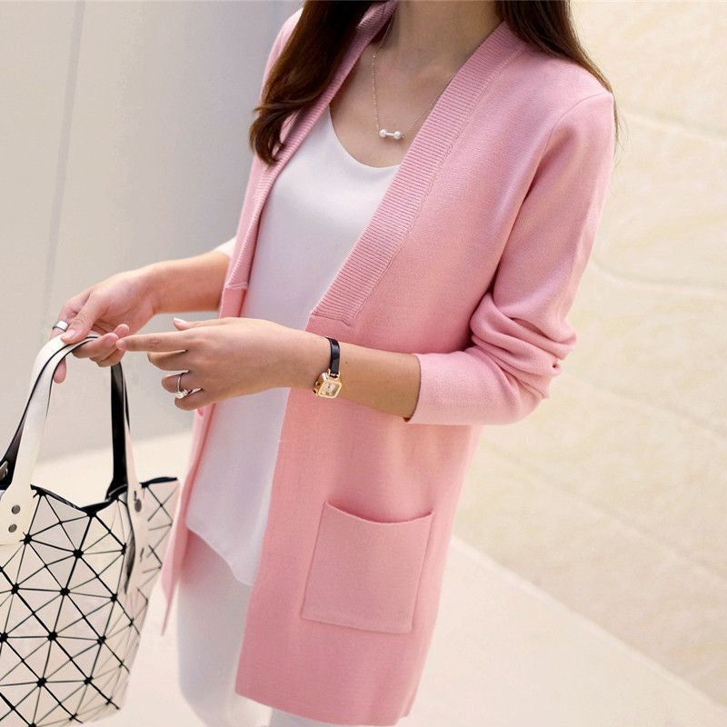 Online discount shop Australia - Female Sweater Coat Han Edition Long Round Collar Loose Pocket Knit Cardigan Women Sweater