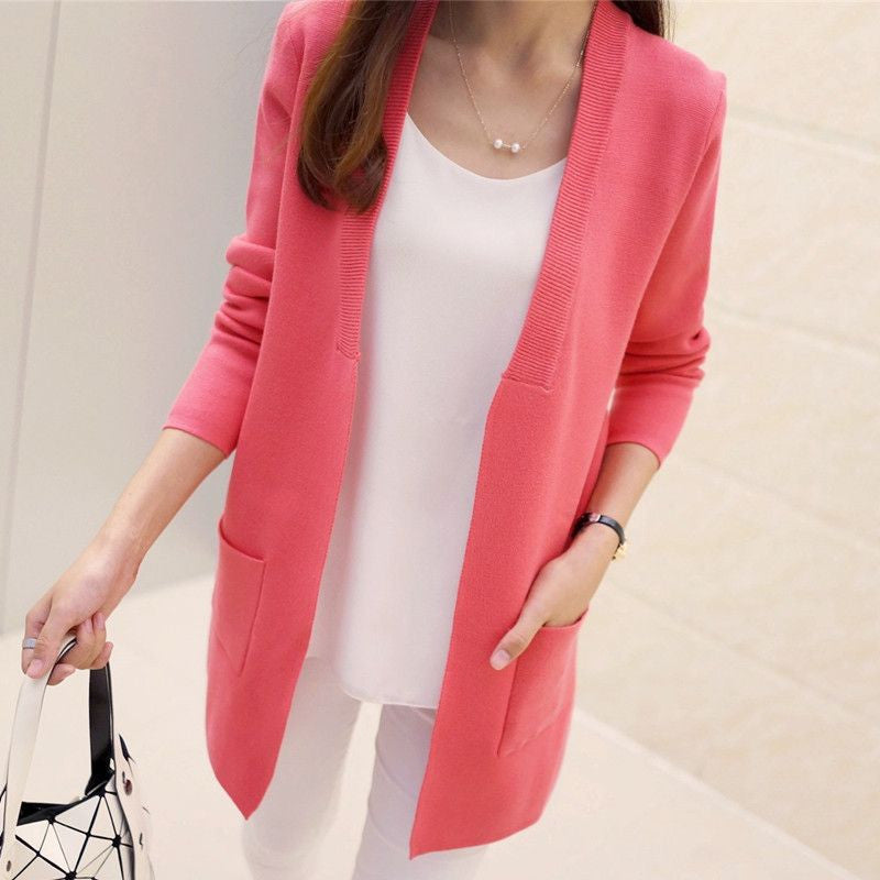 Online discount shop Australia - Female Sweater Coat Han Edition Long Round Collar Loose Pocket Knit Cardigan Women Sweater