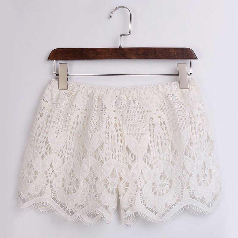 Plus Size S-3XL Women Girl Lace White Culottes Boho Shorts Crochet Floral Shorts See Through Hollow Out Shorts