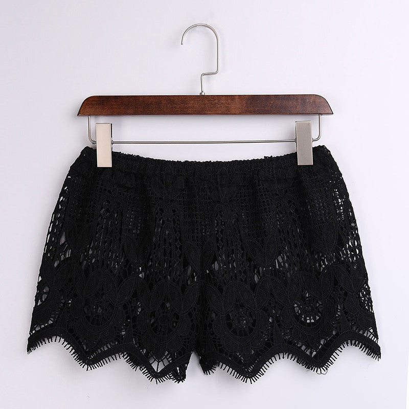 Plus Size S-3XL Women Girl Lace White Culottes Boho Shorts Crochet Floral Shorts See Through Hollow Out Shorts