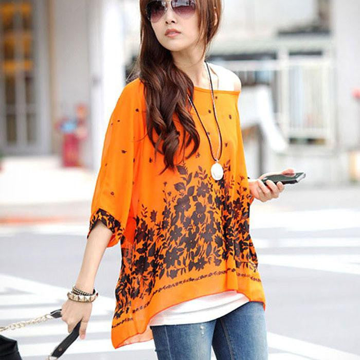 Women Casual Chiffon Blouses Bohemia Print Loose Batwing Sleeve Tops Shirt