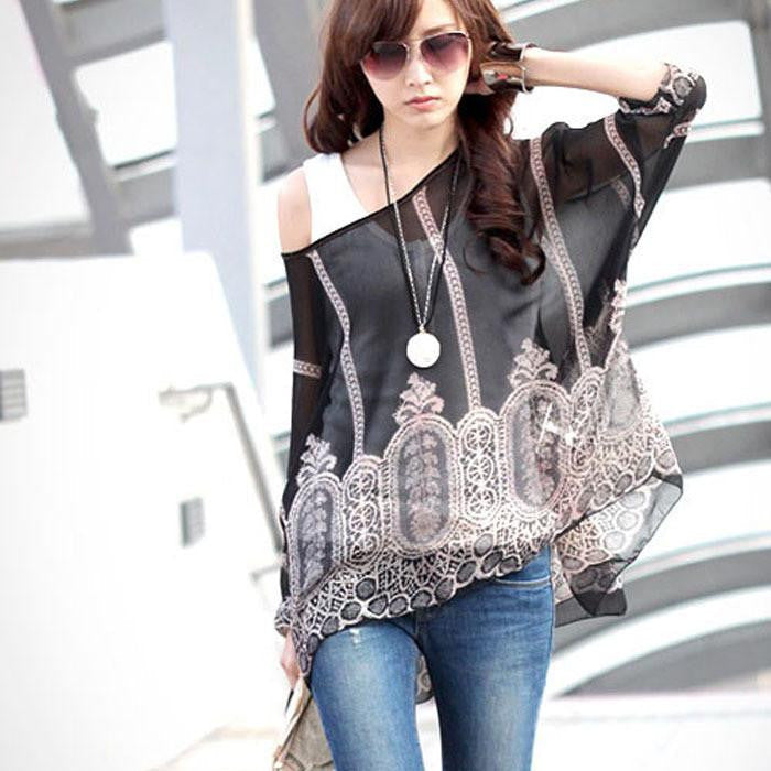 Women Casual Chiffon Blouses Bohemia Print Loose Batwing Sleeve Tops Shirt