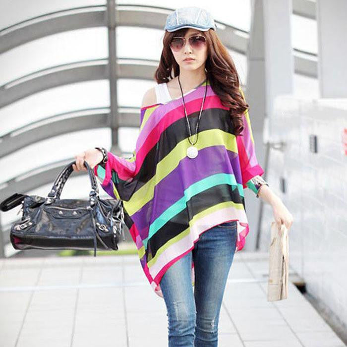 Women Casual Chiffon Blouses Bohemia Print Loose Batwing Sleeve Tops Shirt