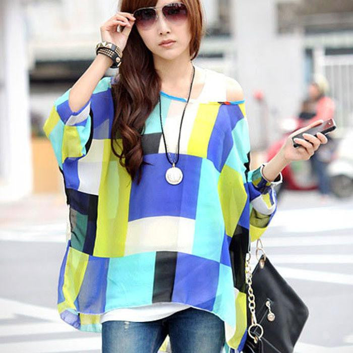 Women Casual Chiffon Blouses Bohemia Print Loose Batwing Sleeve Tops Shirt