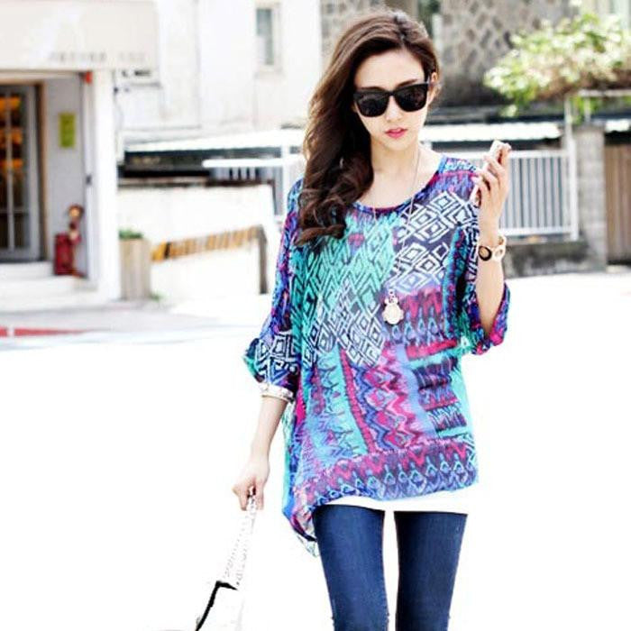 Women Casual Chiffon Blouses Bohemia Print Loose Batwing Sleeve Tops Shirt