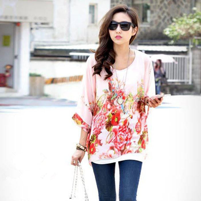 Women Casual Chiffon Blouses Bohemia Print Loose Batwing Sleeve Tops Shirt