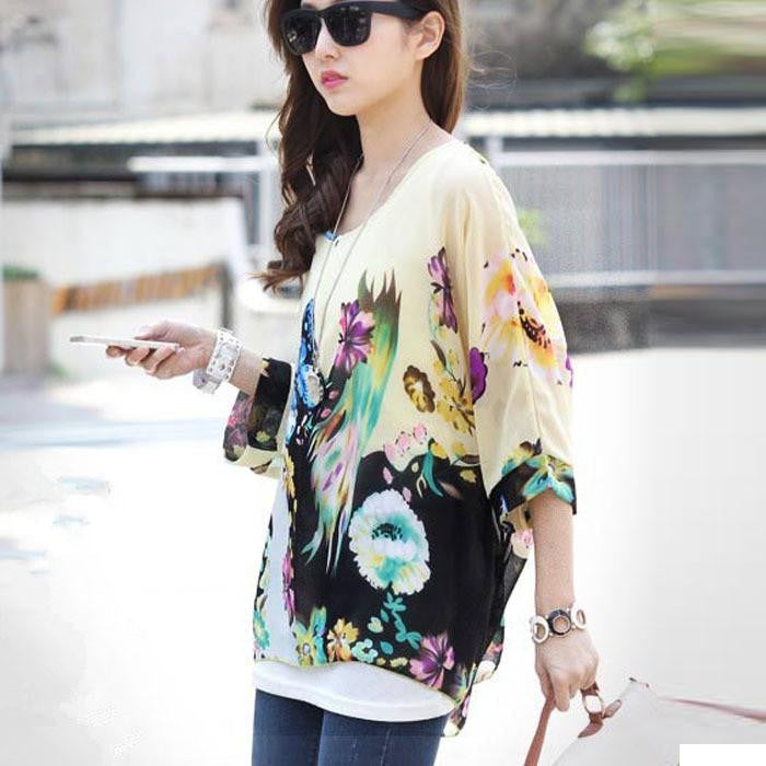 Women Casual Chiffon Blouses Bohemia Print Loose Batwing Sleeve Tops Shirt