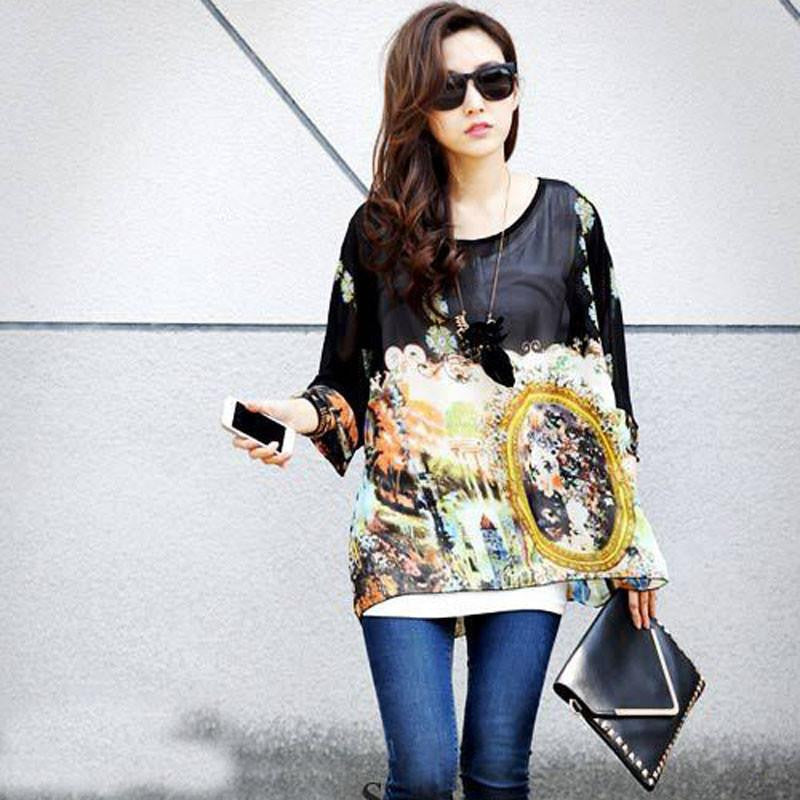 Women Casual Chiffon Blouses Bohemia Print Loose Batwing Sleeve Tops Shirt